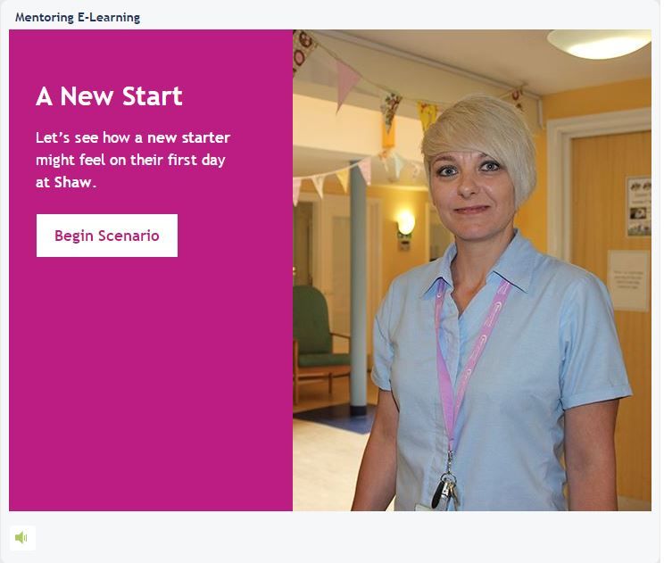 An elearning slide showing a female nurse with the words A New Start